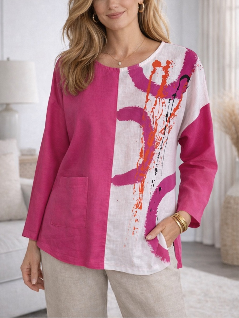 Odile Pink White 100% Linen Abstract Art Top Pocket Blouse Size M